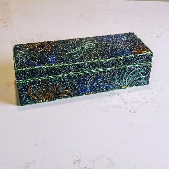 Peacock Rectangular Black Satin Lined Beaded Box - Picture 4 of 6